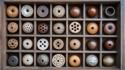 Fototapeta premium Wood furniture knobs arranged artistically in a rustic wooden box, creating a charming display of wood furniture knobs with ample copy space for design elements.