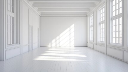 Obraz premium Bright and airy spacious room with white walls, offering ample space for creativity and personalization, ideal for various uses. Photo captures the essence of spacious room design with copy space.