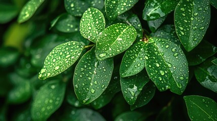 Fototapeta premium Close-up of water drops on fresh green leaves, capturing the beauty of nature with vibrant green hues and delicate water droplets, ideal for nature-themed designs.