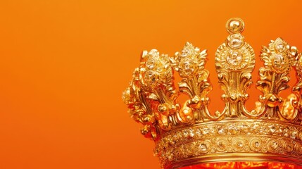 Fototapeta premium Gold crown against a vibrant orange background, emphasizing a regal theme. This gold crown captures the essence of royalty with ample space for text or design elements.