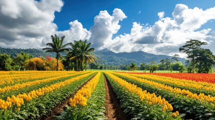 Vibrant canola field on a rural farm, with colorful trees complementing the scenery. The canola field embodies the beauty of agriculture, offering ample photo style copy space.