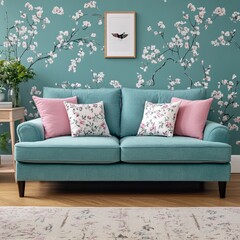 Cozy turquoise sofa with floral cushions against a floral wallpaper backdrop.