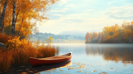 Serene autumn landscape with a kayak resting on a calm lake, capturing the essence of a peaceful setting. This tranquil lake scene offers ample photo style copy space.