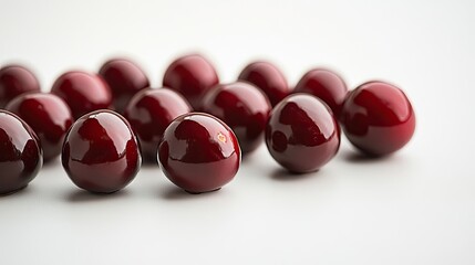 Chocolate covered cranberries arranged with a white background, highlighting the rich texture of chocolate envelopment and the vibrant color of cranberries. Ideal for food photography with copy space.
