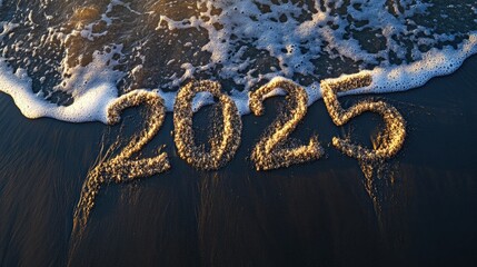 Sand Writing of Year 2025 on Beach Shore