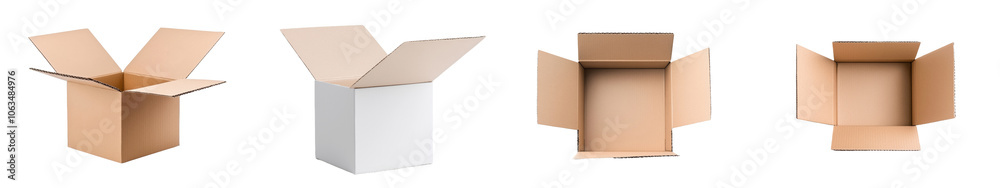 Poster White background with flaps in an open cardboard box.