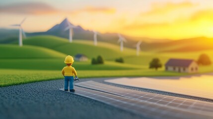 Obraz premium Toy Construction Worker Standing on Solar Panel Path Overlooking Wind Turbines, Green Hills, and Sunset in Sustainable Landscape