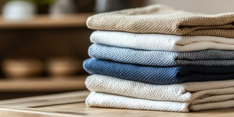 A close up view of a pile of soft cotton shirts neatly arranged on a table highlights their texture and quality, focusing on the stack of shirts comfort and appeal.