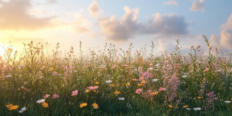 A chilly meadow filled with towering grass and vibrant spring blooms. An area is available for text insertion.
