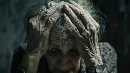 Mature depressed woman with mental illness holding head in hands