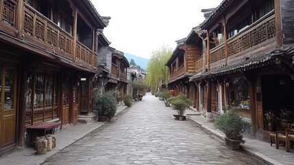 Serene Pathway in Traditional Wooden Village