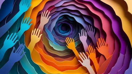 Layered paper cut style abstract art depicting the symbolic journey of addiction recovery and growth with overlapping hands representing helping support