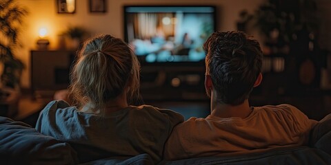 Obraz premium A pair is unwinding on the couch while watching television in the comfort of their home. They appear to be enjoying their time together in their cozy living space.
