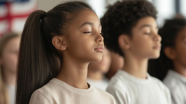 Children practicing mindfulness and meditation in a classroom setting during a school mindfulness program.