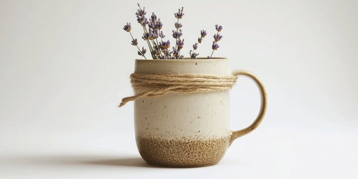 A ceramic mug is elegantly wrapped with twine and embellished with sprigs of lavender, set against a clean white background.