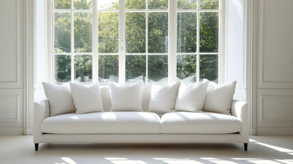 Fototapeta premium Sophisticated white sofa positioned elegantly in front of expansive windows, creating a bright and airy atmosphere. Ideal for interior design inspiration with ample copy space.