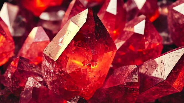 A close-up of a large ruby crystal surrounded by other crystals, gleaming in the light