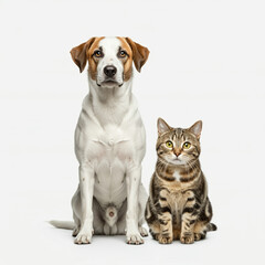 full-body image of a dog and a cat standing side by side on a transparent background, both looking up in the same direction with focused, curious expressions