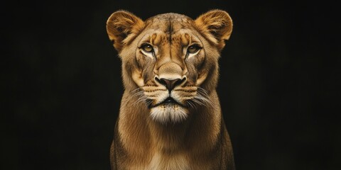 Fototapeta premium A fierce lioness stands boldly in a commanding warrior pose, showcasing her strength and power as a true symbol of bravery and ferocity.