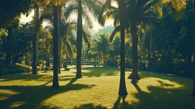 Lush tropical park filled with Manaca and Patawa palm trees creates a serene atmosphere. The scenery of the tropical park invites tranquility and offers ample copy space.