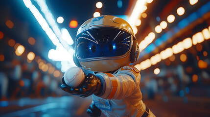 playful character mascot in baseball attire, preparing to hit a baseball with a bat on an expansive, modern baseball field, vibrant studio lighting