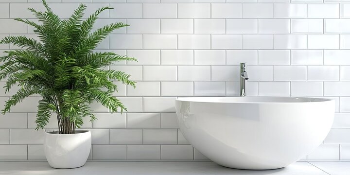 Contemporary bathroom featuring pristine white tiles, a sleek minimalist sink, and a lively green plant that adds a refreshing natural element to the space.