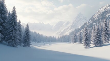 Winter landscape filled with snow-covered mountains and majestic pine trees, creating a serene and tranquil winter atmosphere. Ideal for winter-themed concepts with ample copy space.