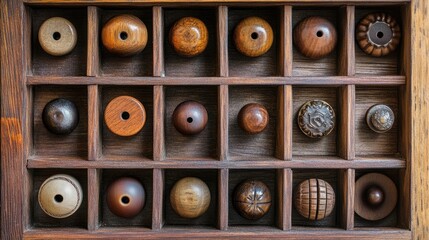 Fototapeta premium Wood furniture knobs arranged artistically in a rustic wooden box, creating a charming display of wood furniture knobs with ample copy space for design elements.