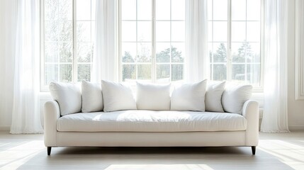 Fototapeta premium Sophisticated white sofa positioned elegantly in front of expansive windows, creating a bright and airy atmosphere. Ideal for interior design inspiration with ample copy space.