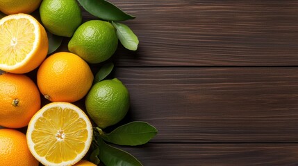 Fresh citrus fruits on wooden background, sliced lemon and limes with green leaves.