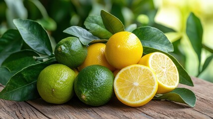 Fresh citrus fruits including limes, lemons, and oranges on wooden background.