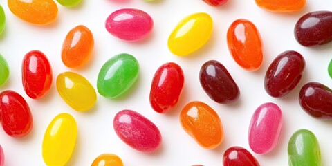 Vibrant jelly bean sweets are scattered across a clean white surface, creating a delightful and colorful array of candies that adds charm and sweetness.