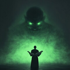 A figure reading a book confronts a menacing, glowing entity in mist.