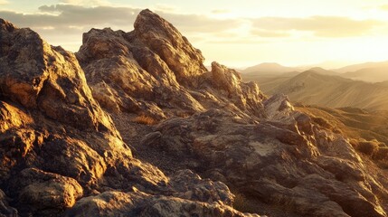 Obraz premium Rugged rock landscape captured during sunset, highlighting the dramatic features of nature. The rugged rock landscape offers a breathtaking view with ample copy space for text.