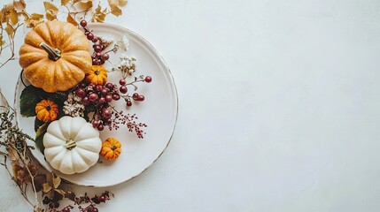Fototapeta premium Autumn decorations create a charming scene on a white plate, with small pumpkins, flowers, and berries beautifully arranged, leaving empty space for text or captions.