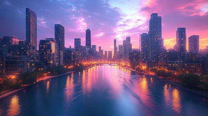 Fototapeta premium Cityscape at Dusk with River Reflection and Pink Sky