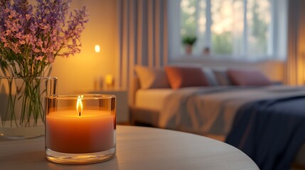 A glowing scented candle sits in front of a bed, enhancing the cozy atmosphere of a modern bedroom.