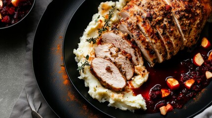 Thanksgiving Meal: Sliced turkey roast with gravy sauce. Served on a dark plate with, stuffing, mashed potatoes dashed with seasoning, and cranberry sauce. Dinner.
