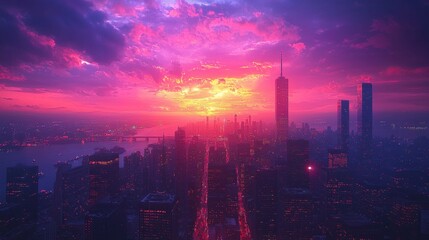 Fototapeta premium Dramatic City Skyline at Dusk with Vibrant Pink Clouds