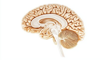 Vintage medical illustration of a human brain with anatomical details highlighted, hand-drawn style, sepia tones, soft shadows