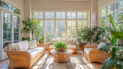 Bright and Airy Sunroom with Wicker Furniture, Green Plants, and Large Windows Overlooking Garden