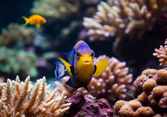 Obraz premium Animals of the underwater sea world. Ecosystem. Colorful tropical fish. Life in the coral reef. Ocean background.