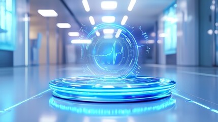 Wearable smart device projecting holographic health metrics, glowing interface, ergonomic design, dynamic hologram animation in sterile clinic environment