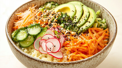 cauliflower rice buddha bowl with avocado and mixed vegetables
