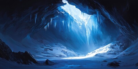 A detailed view of a subterranean glacier cave showcasing ice structures, illuminated by light streaming down from above.