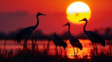 Naklejka premium With the sun slowly dipping below the horizon the silhouettes of cranes are cast against a backdrop of vibrant colors creating a strikingly beautiful scene.