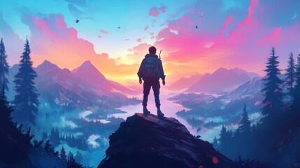 A silhouette of a person on a mountain peak, admiring a vibrant sunset over a valley.