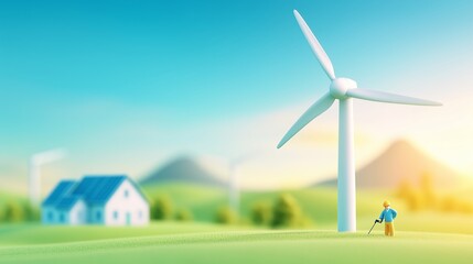 Fototapeta premium Toy worker wind turbine solar panel house green landscape in mountains energy blue sky educational model homes technology solar-powered eco-friendly