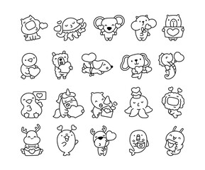 Cute kawaii animal characters holding hearts for Valentines Day cartoon illustrations and greeting designs