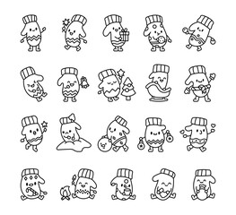 Christmas kawaii mitten characters in cute festive cartoon outline style for winter holiday decorations
